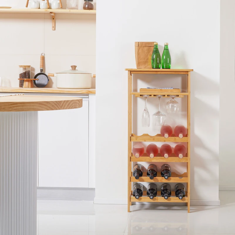 HOMCOM Regał na wino, stojak na butelki, uchwyt na 16 butelek wina, 9 kieliszków do wina