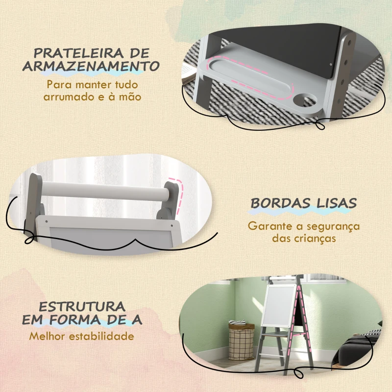 AIYAPLAY Cavalete para Crianças com Quadro Branco e Quadro Negro com Altura Ajustável Cavalete de Arte para Desenhos 3 em 1 com Rolo de Papel 40x56x107/112/117 cm Cinza