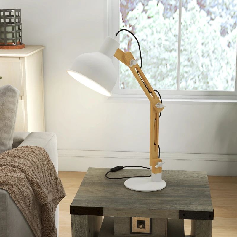 HOMCOM Bureaulamp in vintage design, bamboe, verstelbare zwenkarm, wit + natuurlijk.