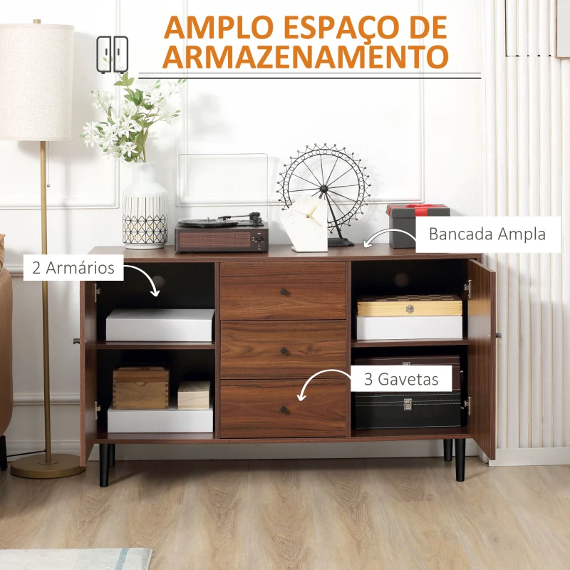 HOMCOM Aparador para Sala de Estar Aparador Buffet Moderno com 2 Portas e 3 Gavetas para Sala de Jantar 127x40x76cm Castanho Avermelhado e Preto