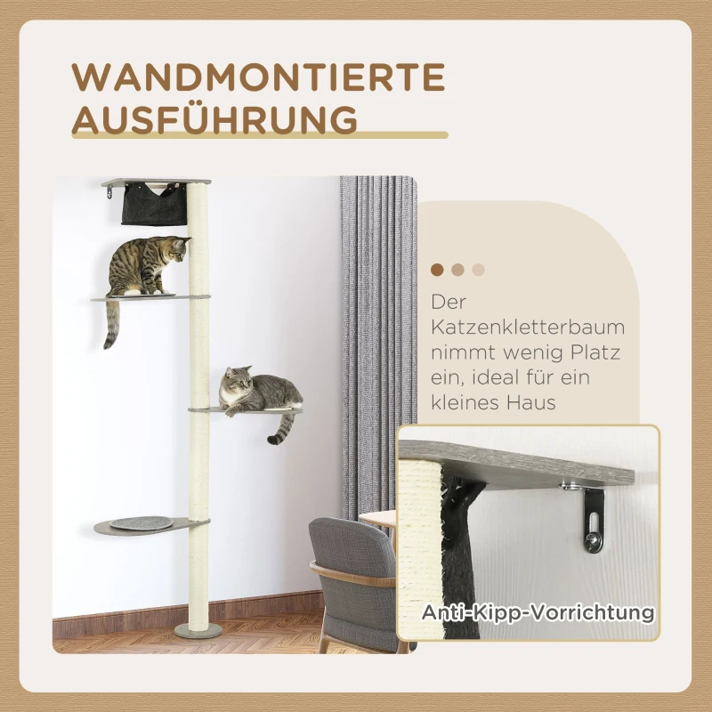 PawHut Drapak z Hamakiem, 3 Poziomy, Sznurek sizalowy, 50 cm x 34 cm x 185 cm, Szary + Naturalny