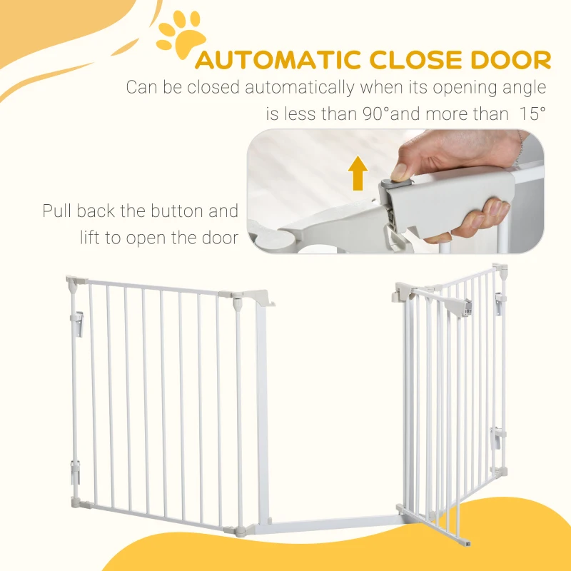 PawHut Pet Safety Gate, 3 Panels Playpen Fireplace, Metal Fence, Stair Barrier, Room Divider w/ Walk-Through Door - White(m-6)