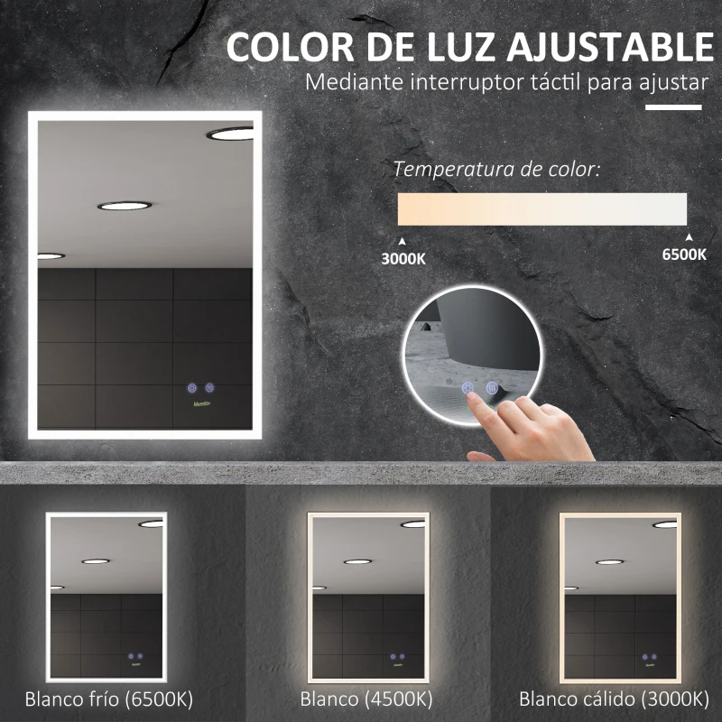 kleankin Espejo de Baño con Luz LED Función Antivaho con Interruptor Táctil y Color de Luz Ajustable 70x50 cm Plata