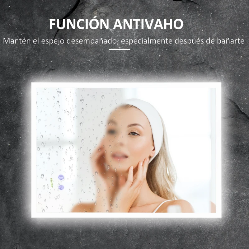 kleankin Espejo de Baño con Luz LED Función Antivaho con Interruptor Táctil y Color de Luz Ajustable 70x50 cm Plata