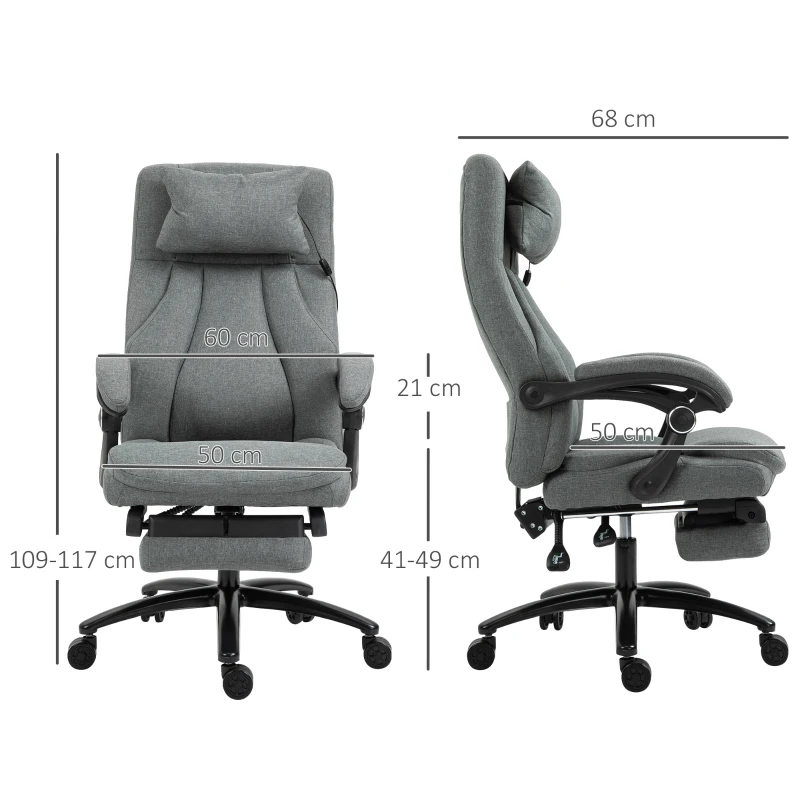 Vinsetto Office Chair, Fabric Desk Chair with Adjustable Massage Pillow, USB Power and Retractable Footrest, High Back, 360° Swivel, for Home, Grey