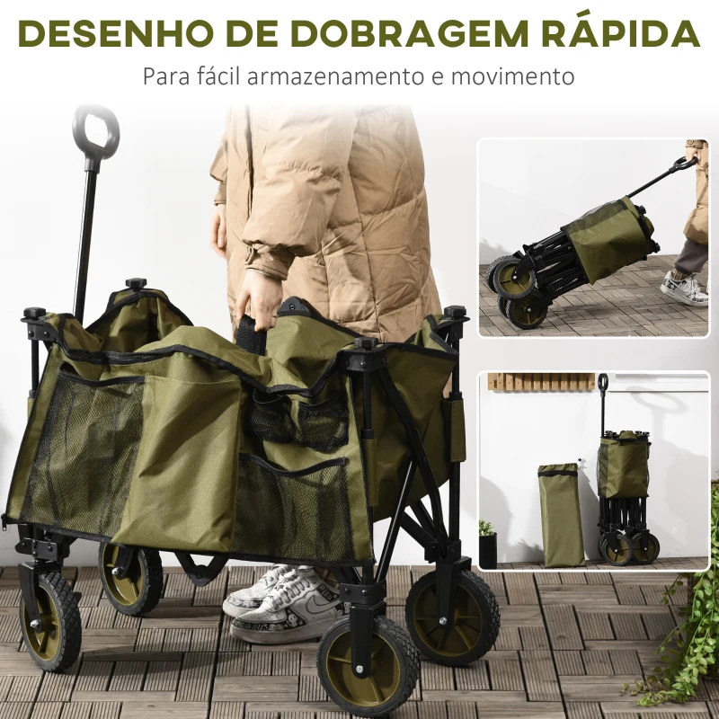 Outsunny Carrinho Dobrável de com Rodas com Guiador Bancada Dobrável 5 Bolsas de Armazenamento 108x55x93cm Verde Escuro