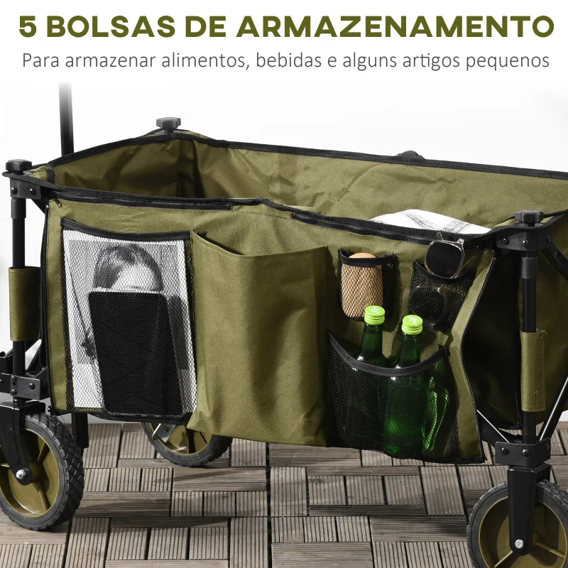 Outsunny Carrinho Dobrável de com Rodas com Guiador Bancada Dobrável 5 Bolsas de Armazenamento 108x55x93cm Verde Escuro