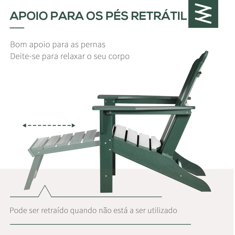 Outsunny Cadeira Adirondack com Apoio para os Pés Apoio para os Braços e Encosto Alto para Varanda Exterior 78x135x95cm Verde Escuro