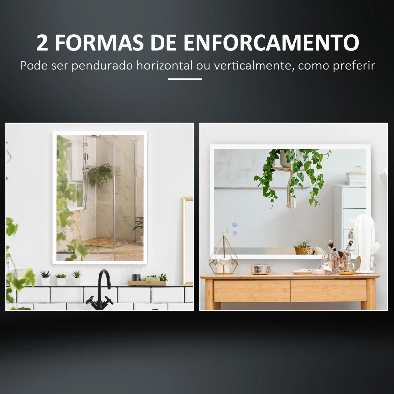 kleankin Espelho Casa de Banho com Luz LED Interruptor Tátil 3 Luzes Ajustáveis Função Anti-Embaciamento  70x50cm Prata