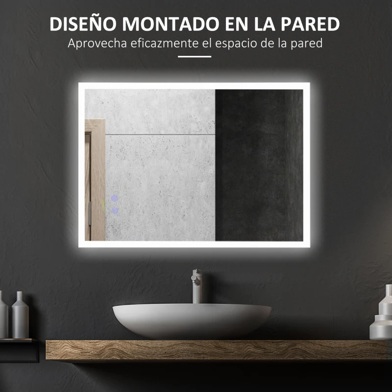 kleankin Espejo de Baño con Luz LED Función Antivaho con Interruptor Táctil y Color de Luz Ajustable 70x50 cm Plata