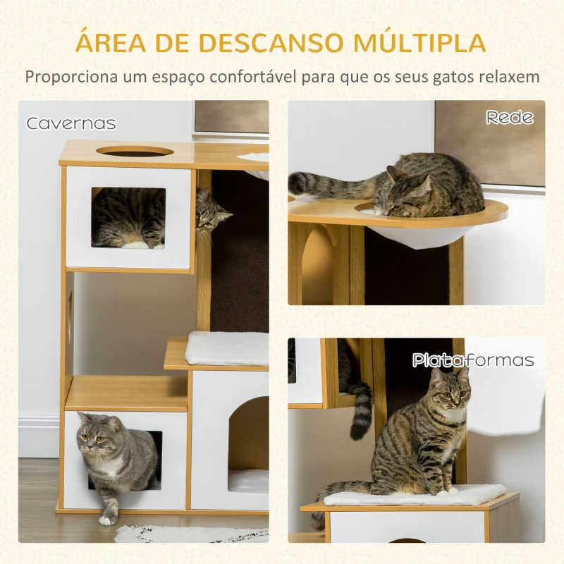 PawHut Casa para Gatos com 3 Casas de Madeira Almofadas Laváveis Placa de Arranhar e Rede 76x37x92,5cm Carvalho