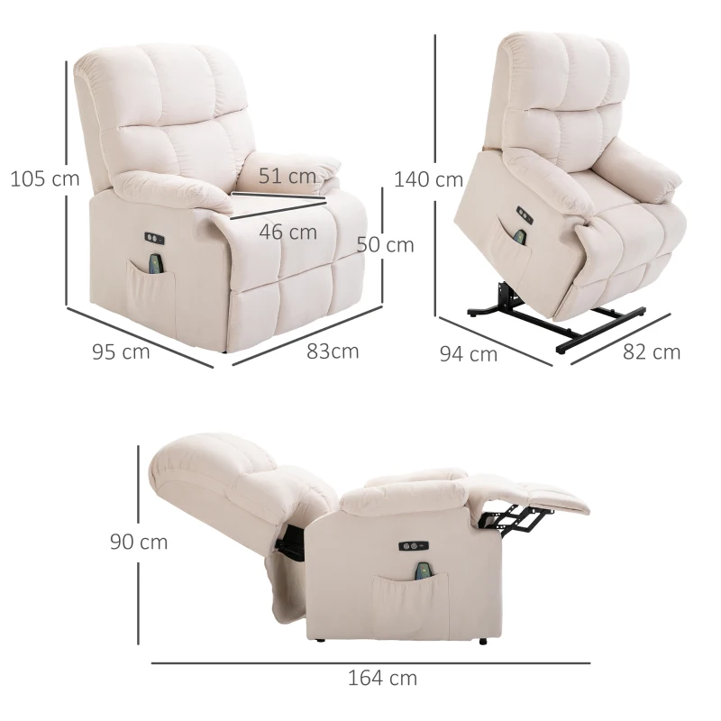 HOMCOM Massagesessel mit Aufstehhilfe, Relaxsessel mit Aufstehhilfe, inkl. Fernbedienung, USB-Schnittstelle, Cremeweiß