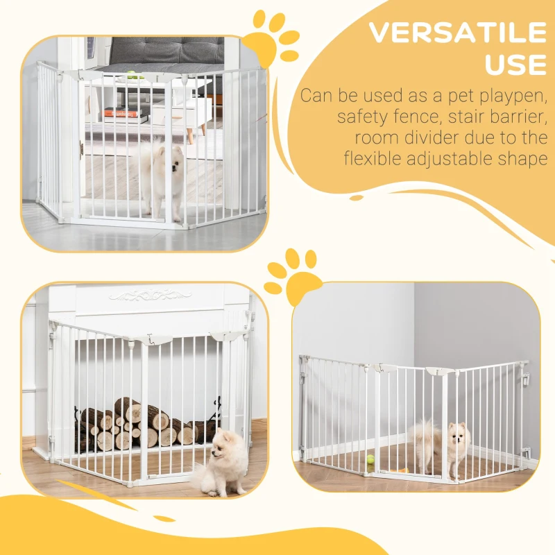 PawHut Pet Safety Gate, 3 Panels Playpen Fireplace, Metal Fence, Stair Barrier, Room Divider w/ Walk-Through Door - White(m-4)