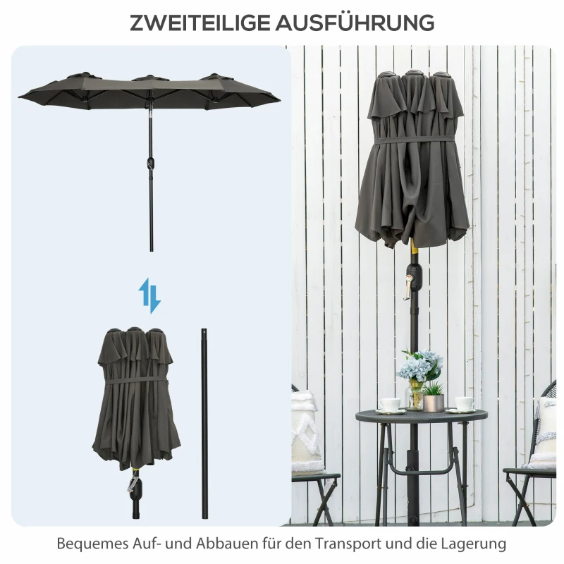 Outsunny parasol, tuinparasol, kantelbaar, met handslinger, winddak, polyester+staal, grijs, 285 x 147 cm