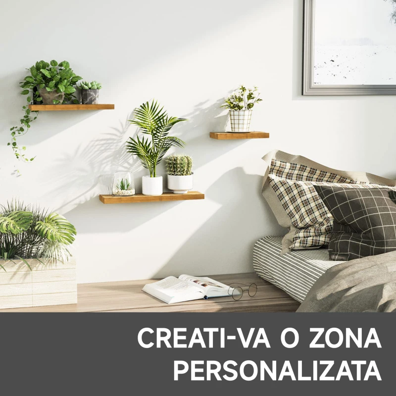 HOMCOM  Set de 3 rafturi plutitoare din lemn, raft montat pe perete, raft suspendat pentru carti pentru sufragerie, dormitor, hol, bucatarie, Maro