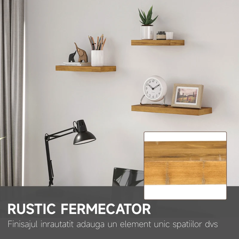 HOMCOM  Set de 3 rafturi plutitoare din lemn, raft montat pe perete, raft suspendat pentru carti pentru sufragerie, dormitor, hol, bucatarie, Maro