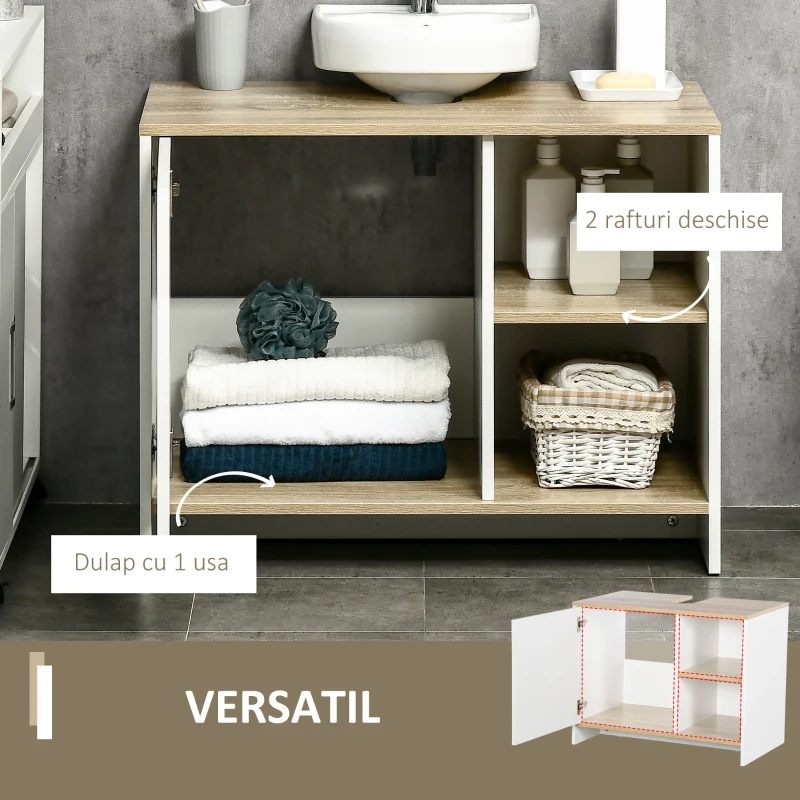 Kleankin Dulap pentru lavoar pentru baie, 77x45x60cm, alb si culoarea lemnului(m-5)