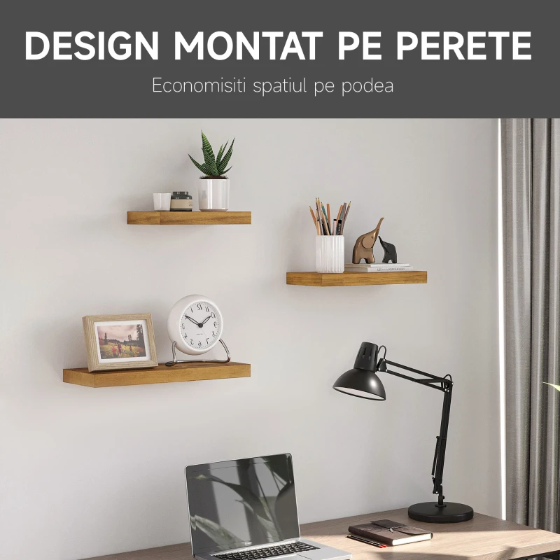 HOMCOM  Set de 3 rafturi plutitoare din lemn, raft montat pe perete, raft suspendat pentru carti pentru sufragerie, dormitor, hol, bucatarie, Maro