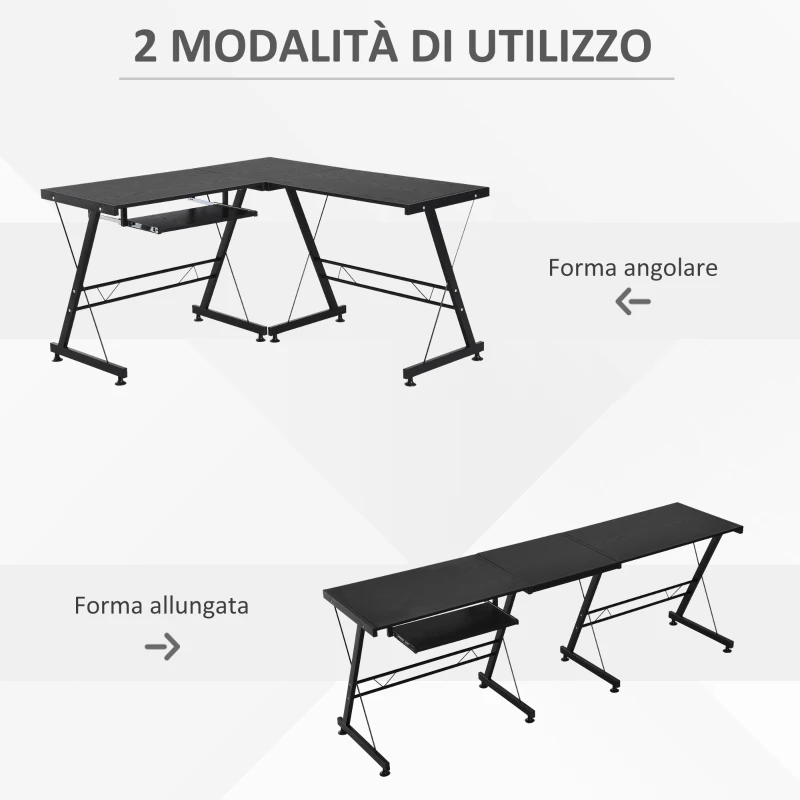 HOMCOM Scrivania Angolare Moderna Nera Dritta Postazione da Lavoro per Computer con Vano Tastiera MDF, Metallo a forma di L: 130L x 130P x 73.5A cm  dritta: 210L x 50P x 73.5A cm Nero