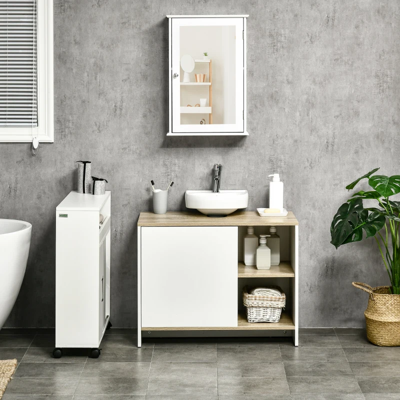 Kleankin Dulap pentru lavoar pentru baie, 77x45x60cm, alb si culoarea lemnului(m-6)