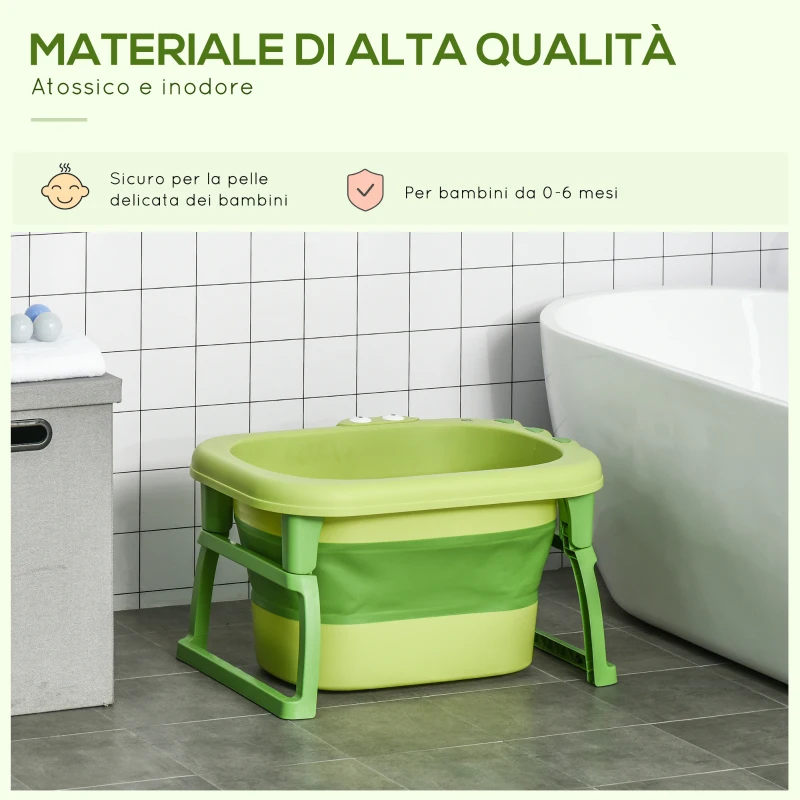HOMCOM Vaschetta Bagnetto Pieghevole per Bimbi 0-6 Anni in Plastica Antiscivolo Verde, 75.3x55.4x43cm