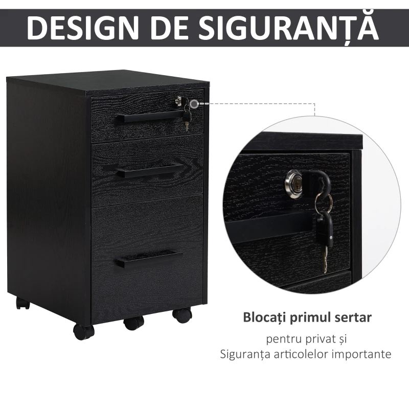 Homcom Comoda Birou Neagra – 3 Sertare cu Roti 39×40×65,4 cm
