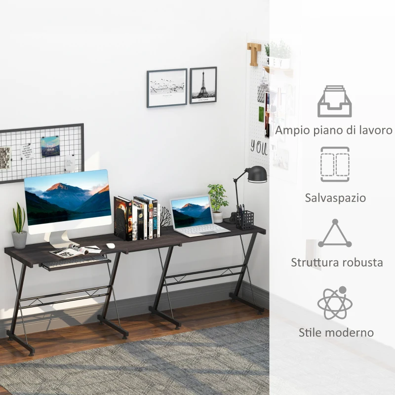 HOMCOM Scrivania Angolare Moderna Nera Dritta Postazione da Lavoro per Computer con Vano Tastiera MDF, Metallo a forma di L: 130L x 130P x 73.5A cm  dritta: 210L x 50P x 73.5A cm Nero