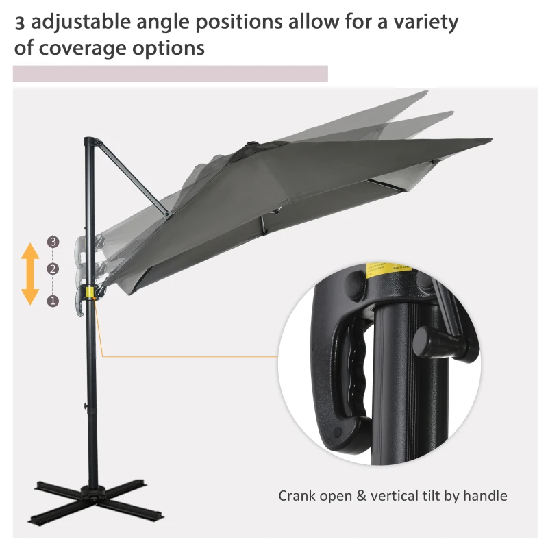 Outsunny 2.5 x 2.5m Patio Offset Parasol Umbrella Cantilever Hanging Aluminium Sun Shade Canopy Shelter 360° Rotation with Crank Handle and Cross Base, Grey