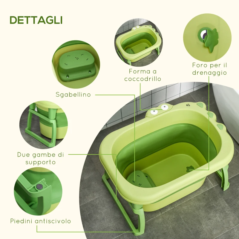 HOMCOM Vaschetta Bagnetto Pieghevole per Bimbi 0-6 Anni in Plastica Antiscivolo Verde, 75.3x55.4x43cm
