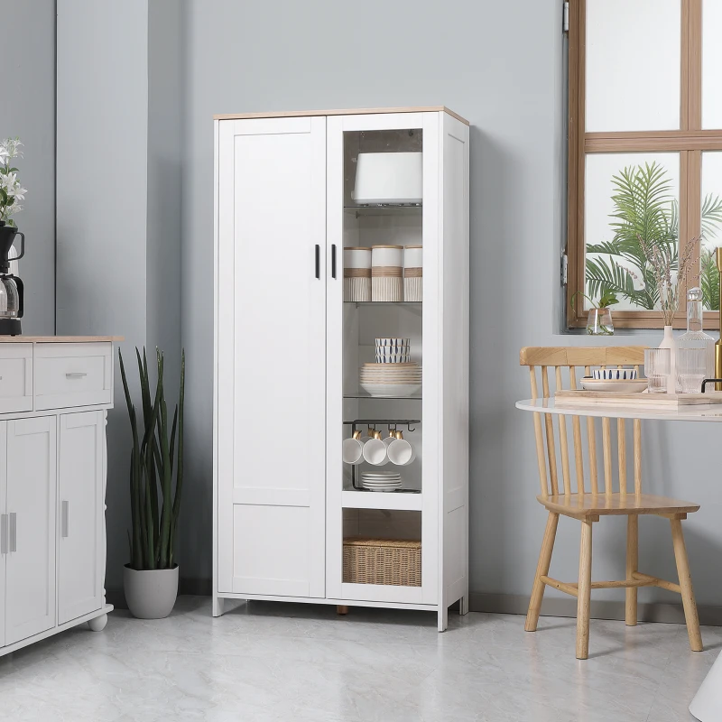 HOMCOM Armário de Cozinha com Porta de Vidro Prateleiras Ajustáveis e Pés Elevados 76x36x160 cm Branco