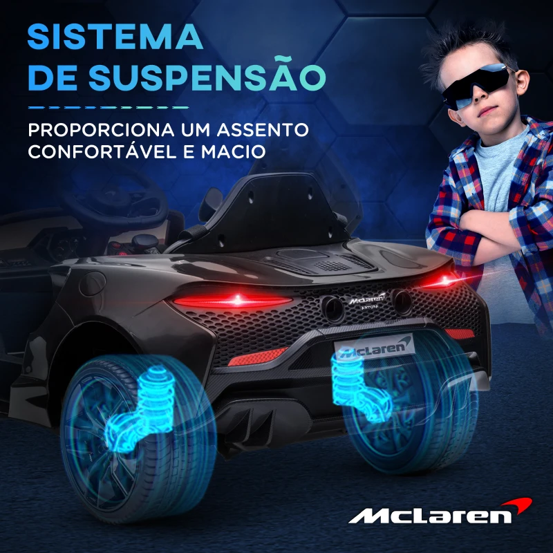 HOMCOM Carro Elétrico 12V Mclaren com Controlo Remoto Música Buzina Faróis Entrada para MP3 USB e Velocidade 2-5 km/h 126x65x52 cm Preto