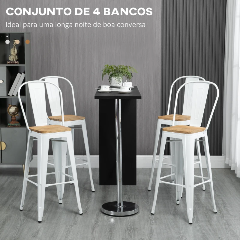 HOMCOM Conjunto de 4 Bancos Altos Empilháveis com Encosto Alto Apoio para os Pés Assento de Madeira 44x53x116 cm Branco