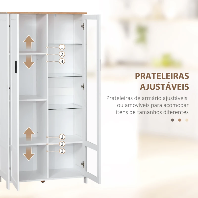 HOMCOM Armário de Cozinha com Porta de Vidro Prateleiras Ajustáveis e Pés Elevados 76x36x160 cm Branco