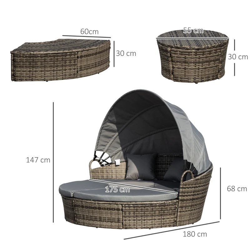 Outsunny Outdoor PE Rattan Garden Furniture with Cushions, Patio Wicker Conversation Set, Round Daybed with Retractable Canopy, Coffee Table, and Three Pillows, Dark Grey
