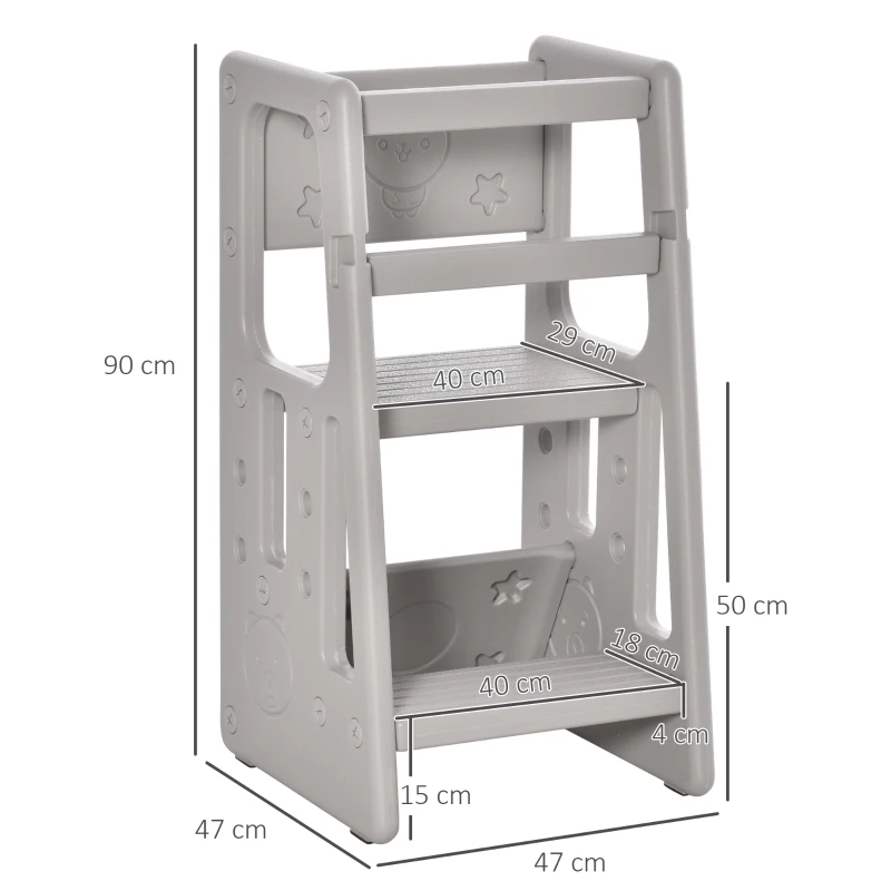 HOMCOM Leertoren voor kinderen, 3-traps in hoogte verstelbaar, antislip voeten, stevig plastic, grijs, 47 x 47 x 90 cm