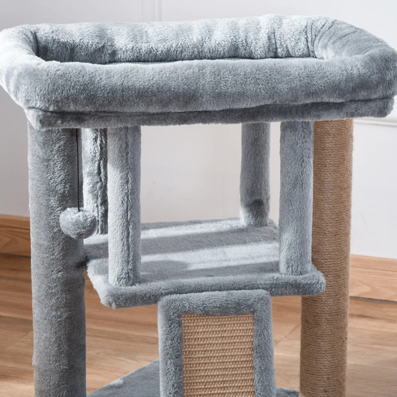 PawHut Árvore Arranhador para Gatos Pequenos Arranhador para Gatos com Poste de Juta Rampa Caverna e Bola Suspensa 40x40x57 cm Cinza