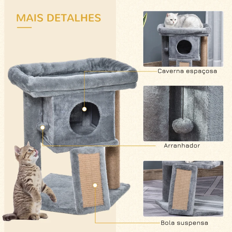 PawHut Árvore Arranhador para Gatos Pequenos Arranhador para Gatos com Poste de Juta Rampa Caverna e Bola Suspensa 40x40x57 cm Cinza