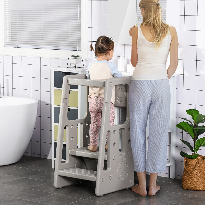 HOMCOM Leertoren voor kinderen, 3-traps in hoogte verstelbaar, antislip voeten, stevig plastic, grijs, 47 x 47 x 90 cm
