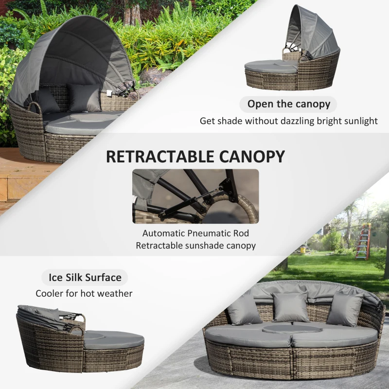 Outsunny Outdoor PE Rattan Garden Furniture with Cushions, Patio Wicker Conversation Set, Round Daybed with Retractable Canopy, Coffee Table, and Three Pillows, Dark Grey