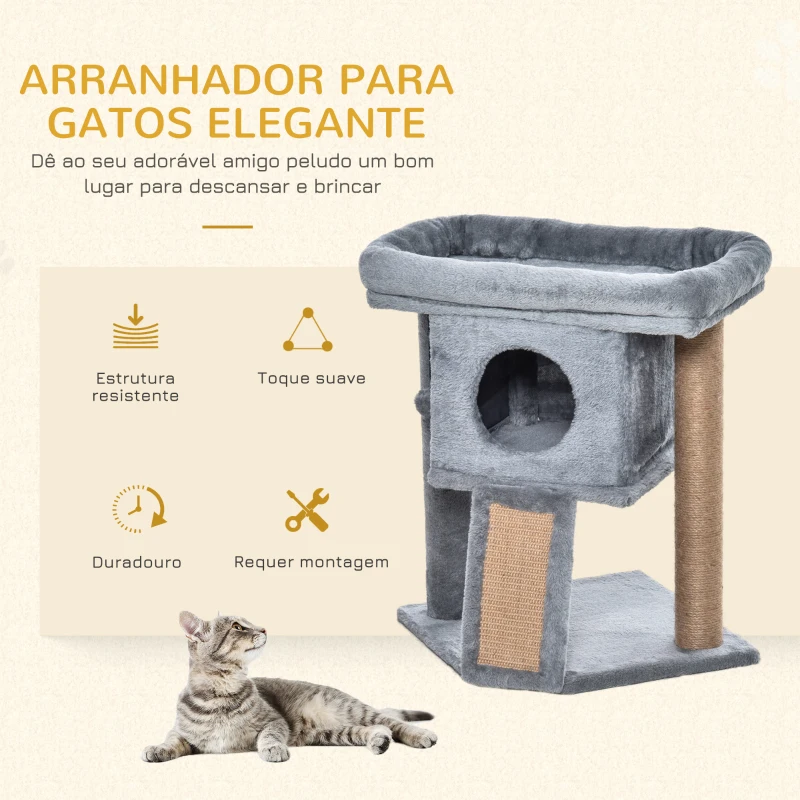 PawHut Árvore Arranhador para Gatos Pequenos Arranhador para Gatos com Poste de Juta Rampa Caverna e Bola Suspensa 40x40x57 cm Cinza