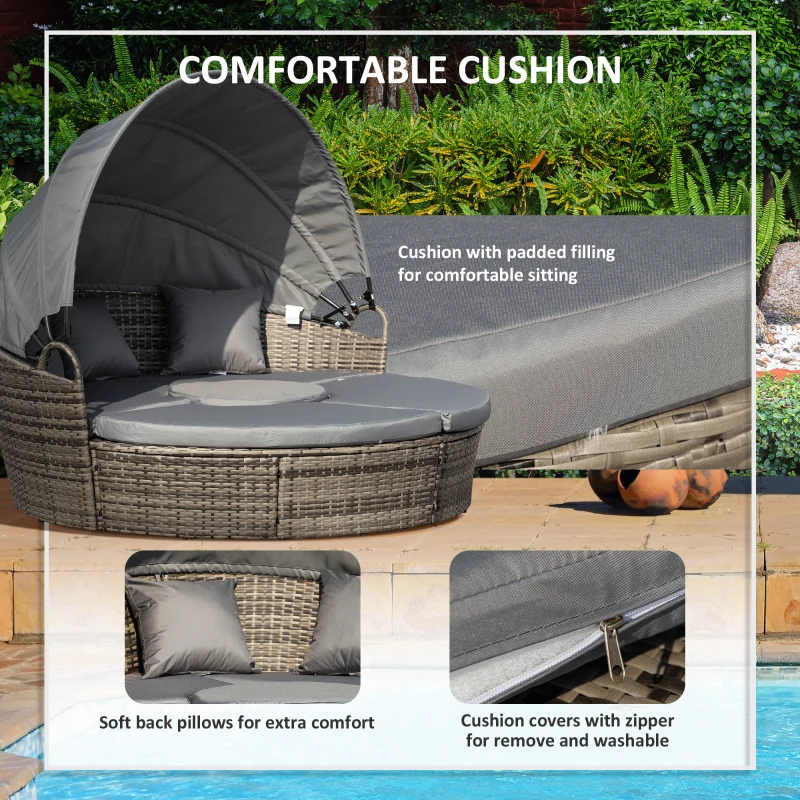 Outsunny Outdoor PE Rattan Garden Furniture with Cushions, Patio Wicker Conversation Set, Round Daybed with Retractable Canopy, Coffee Table, and Three Pillows, Dark Grey