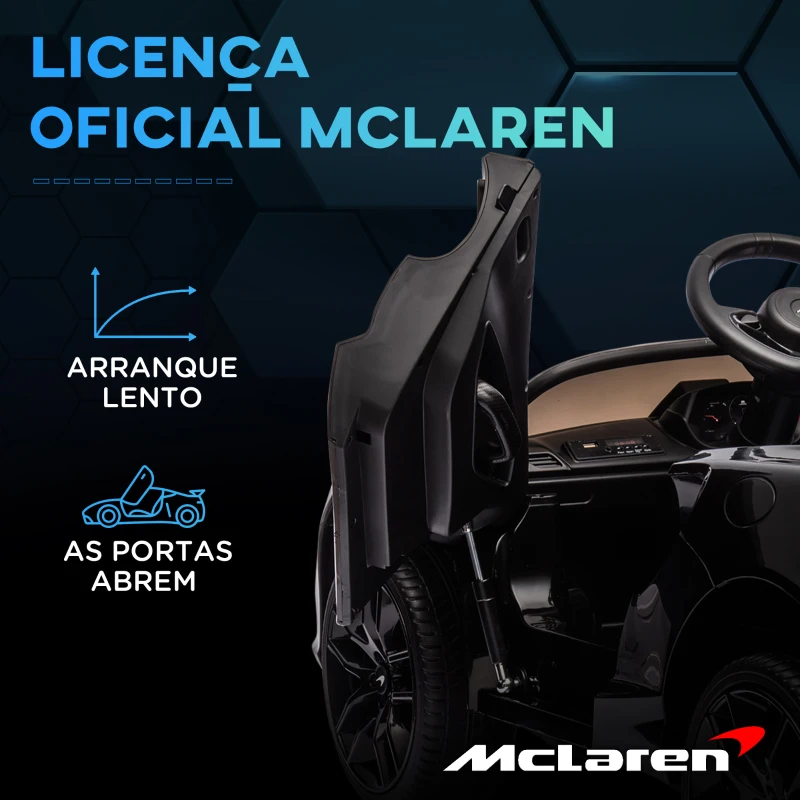HOMCOM Carro Elétrico 12V Mclaren com Controlo Remoto Música Buzina Faróis Entrada para MP3 USB e Velocidade 2-5 km/h 126x65x52 cm Preto