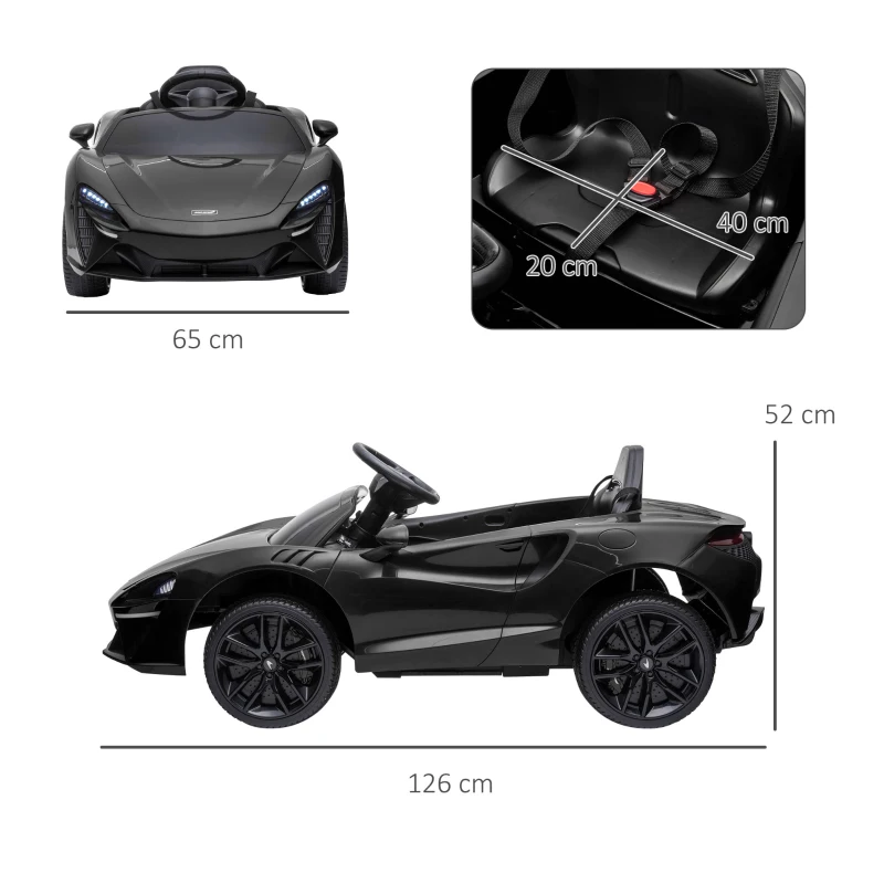 HOMCOM Carro Elétrico 12V Mclaren com Controlo Remoto Música Buzina Faróis Entrada para MP3 USB e Velocidade 2-5 km/h 126x65x52 cm Preto