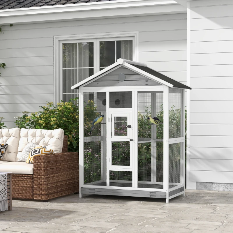 PawHut Houten vogelkooi met 4 zitstokken, asfaltdak, waterdicht, 112 x 68 x 154 cm(m-2)
