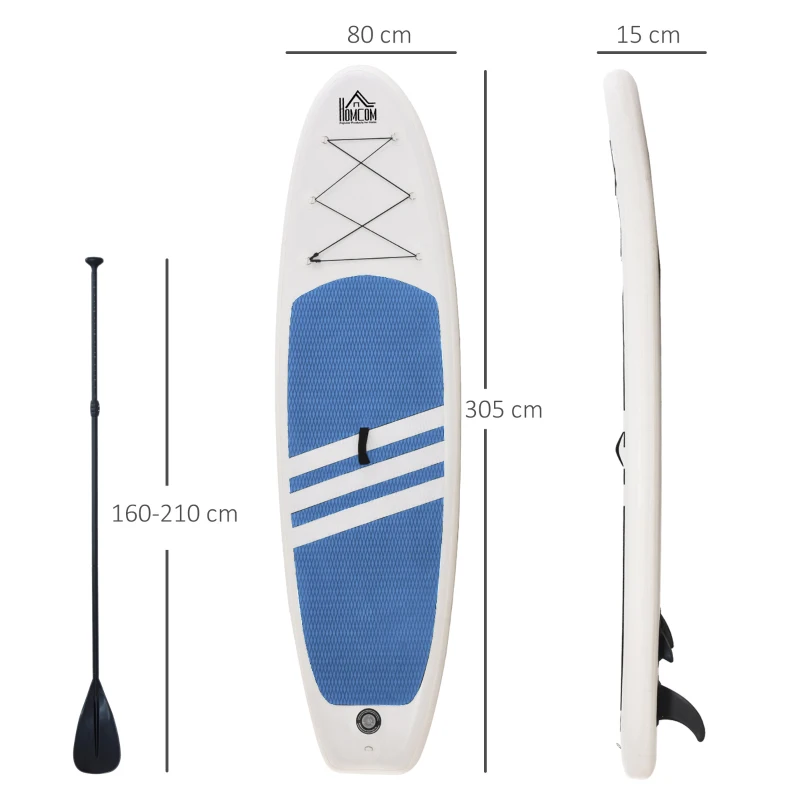 HOMCOM Prancha de paddle surf inflável com remo ajustável Almofada antideslizante e acessórios carga Máx. 120 kg 305x80x15 cm Azul Branco