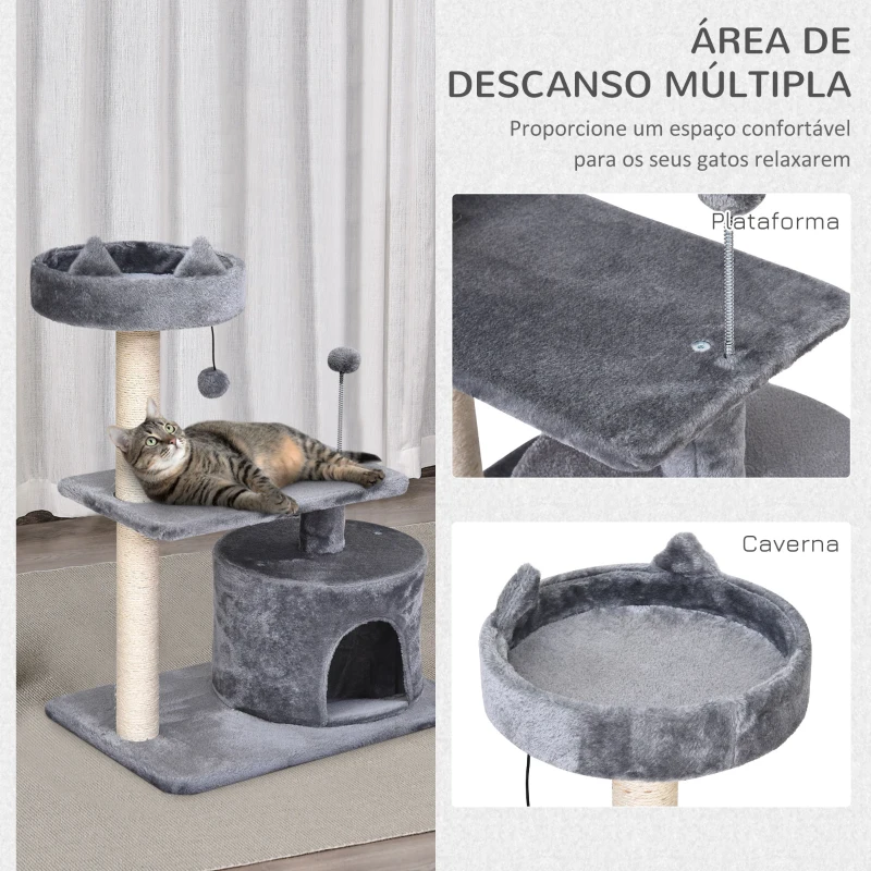 PawHut Árvore Arranhador para Gatos Médios com Cama Plataforma Caverna Poste de Sisal e Bolas de Brinquedo 60x40x81 cm Cinza