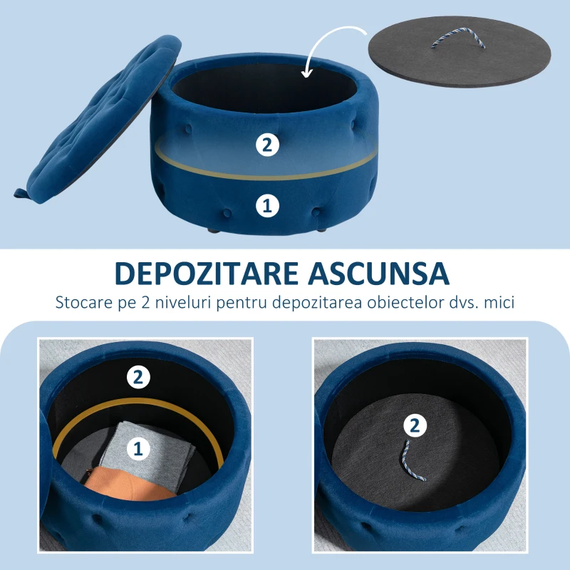 HOMCOM  Otoman rotund cu depozitare, taburet tapitat catifelat pentru sufragerie, dormitor, Albastru inchis