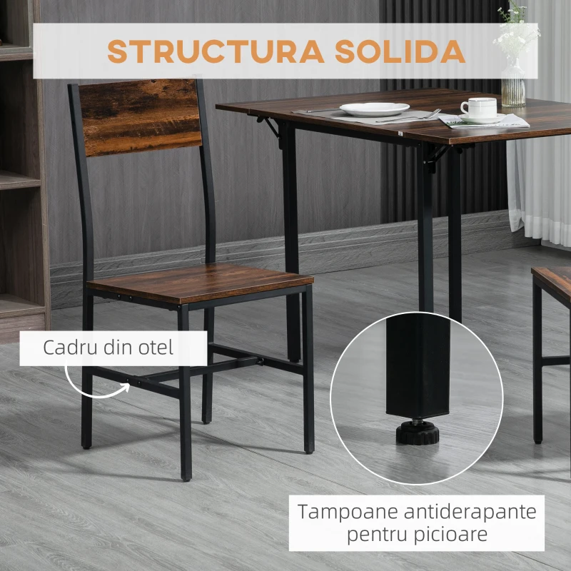 HOMCOM Set de mobilier din 3 piese, masa de bucatarie cu extensie plianta cu 2 scaune, masa pentru mic dejun pliabila pentru apartamente cu spatiu limitat, maro rustic