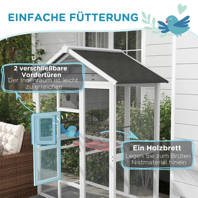 PawHut Houten vogelkooi met 4 zitstokken, asfaltdak, waterdicht, 112 x 68 x 154 cm(m-4)