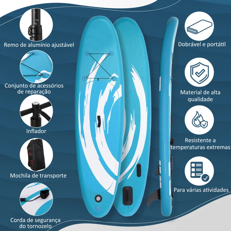 Outsunny Prancha de Paddle Surf Insuflável 300x76x15cm Prancha de Stand Up Insuflável com Remo Ajustável Barbatanas Superfície Antiderrapante Bomba e Bolsa de Transporte Azul